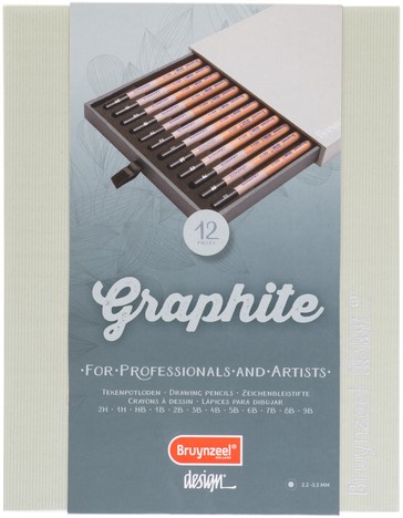 Grafietpotlood Bruynzeel Design met luxe bewaardoos set à 12 hardheden grijs
