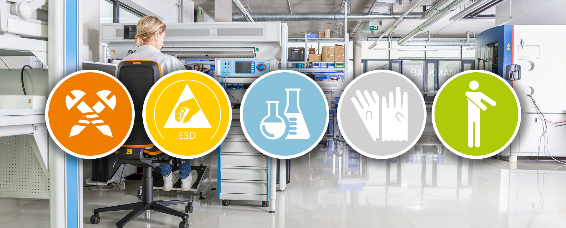Industriële, werkplekstoel, Bimos, Interstuhl, productiestoel, ESD, clean room, Interstuhl Bimos, ergonomische werkplekstoel, werkplaats, werkplaatsstoel, garage stoel, laboratorium stoel
